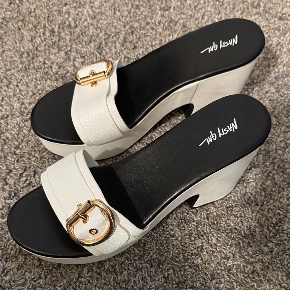Nasty Gal White Platform Mules with Gold Accent